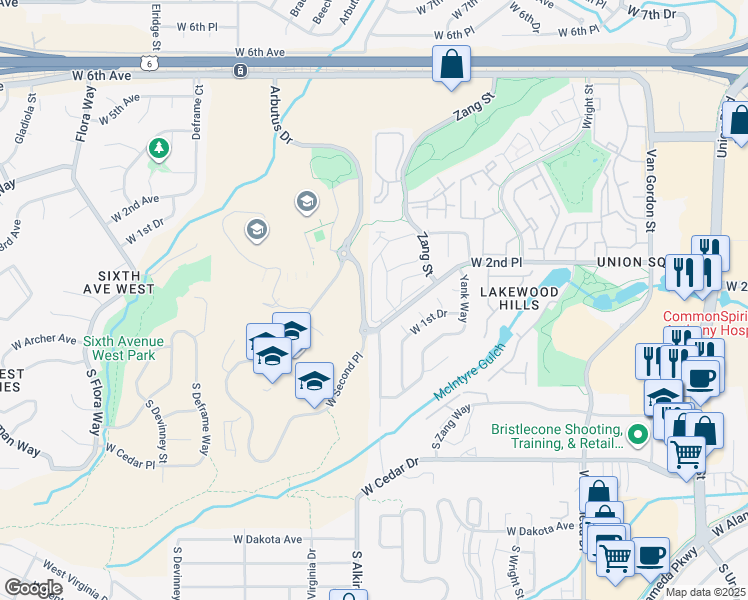 map of restaurants, bars, coffee shops, grocery stores, and more near 13125 W 2nd Pl in Lakewood