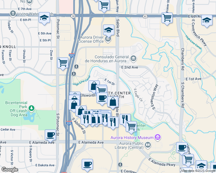 map of restaurants, bars, coffee shops, grocery stores, and more near 14216 East 1st Drive in Aurora