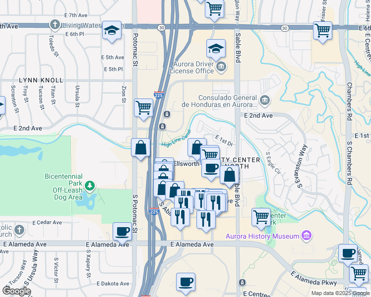 map of restaurants, bars, coffee shops, grocery stores, and more near 14221 East 1st Drive in Aurora