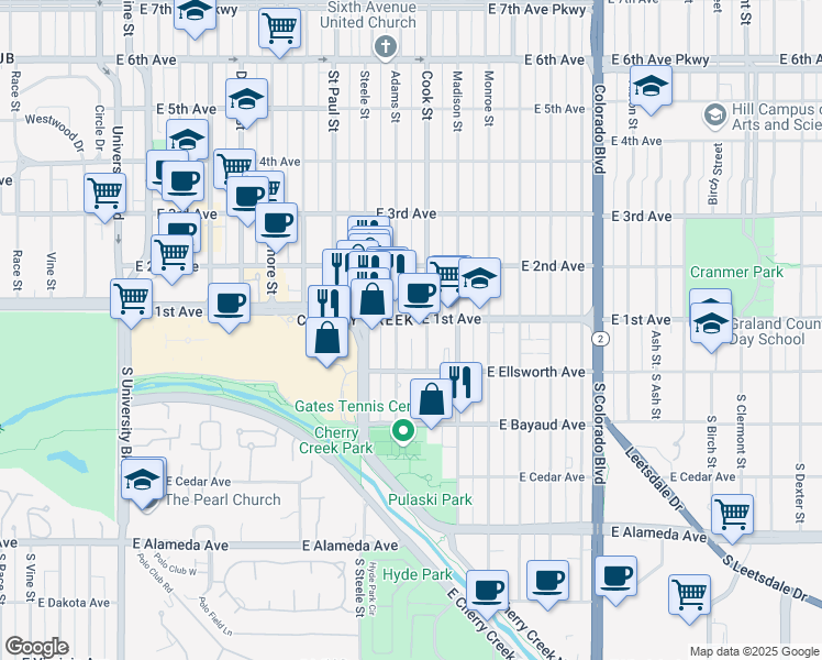map of restaurants, bars, coffee shops, grocery stores, and more near 55 Cook Street in Denver