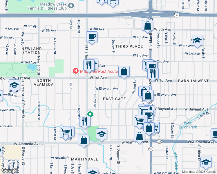 map of restaurants, bars, coffee shops, grocery stores, and more near 21 South Eaton Court in Lakewood