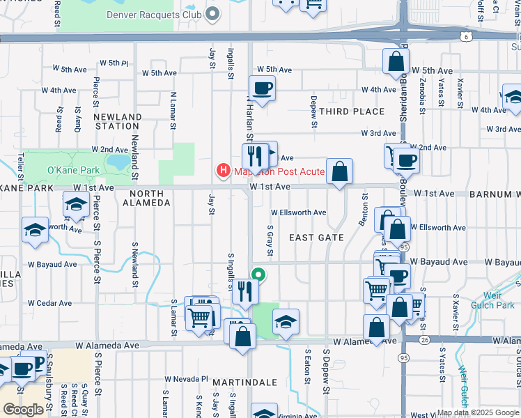map of restaurants, bars, coffee shops, grocery stores, and more near 13 South Gray Street in Lakewood
