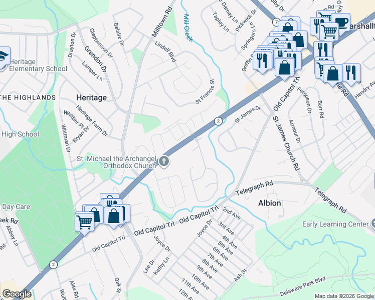 map of restaurants, bars, coffee shops, grocery stores, and more near 6 Theodora Court in Wilmington