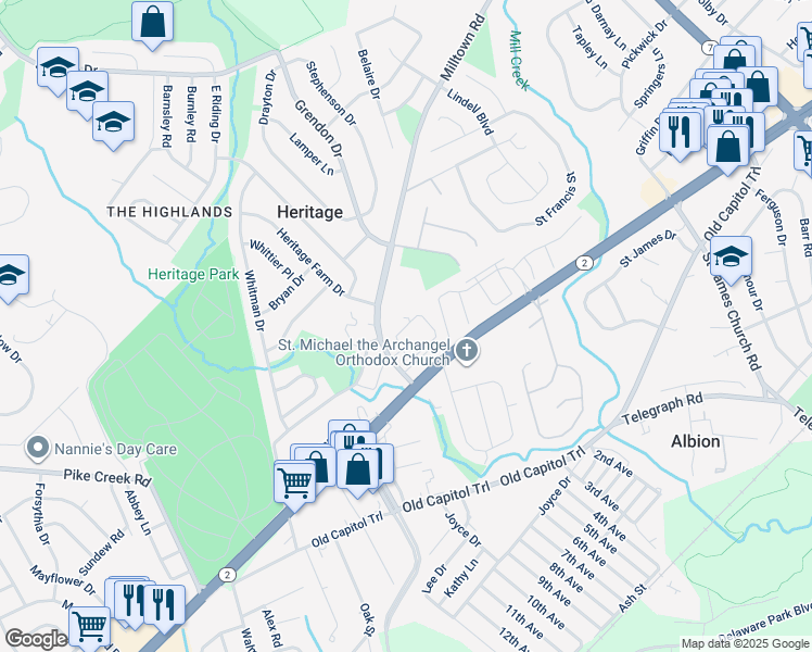 map of restaurants, bars, coffee shops, grocery stores, and more near 2414 Milltown Road in Wilmington