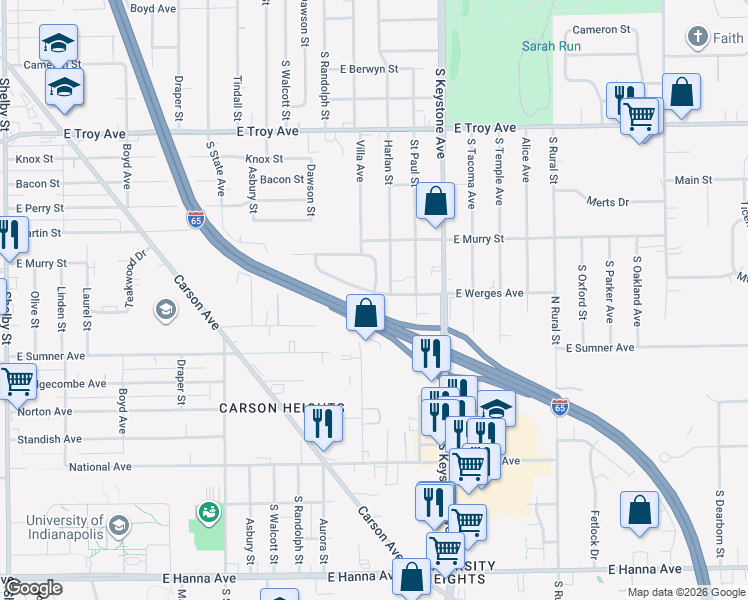 map of restaurants, bars, coffee shops, grocery stores, and more near 2015 East Werges Avenue in Indianapolis