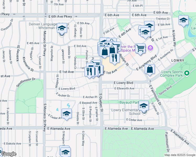 map of restaurants, bars, coffee shops, grocery stores, and more near 35 Quebec Street in Denver