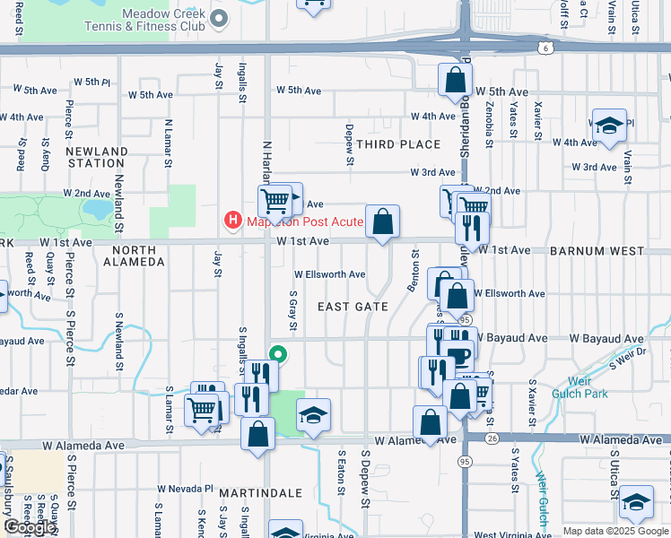 map of restaurants, bars, coffee shops, grocery stores, and more near 21 South Eaton Court in Lakewood