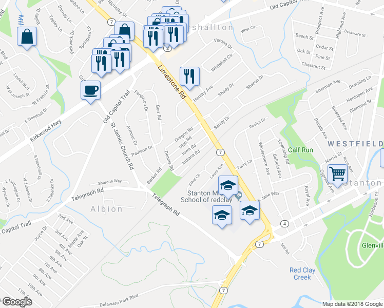 map of restaurants, bars, coffee shops, grocery stores, and more near 25 Indiana Road in Wilmington