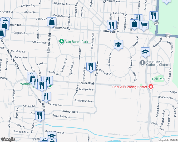 map of restaurants, bars, coffee shops, grocery stores, and more near 2125 Courtland Avenue in Dayton