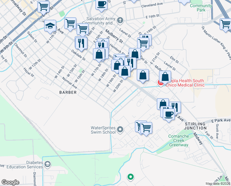 map of restaurants, bars, coffee shops, grocery stores, and more near 216 West 21st Street in Chico