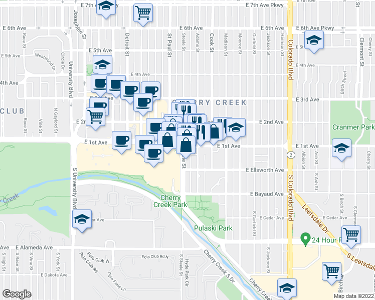 map of restaurants, bars, coffee shops, grocery stores, and more near 88 Steele Street in Denver