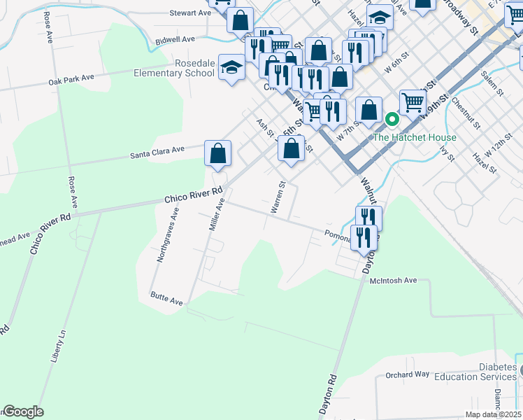 map of restaurants, bars, coffee shops, grocery stores, and more near 621 Pomona Avenue in Chico