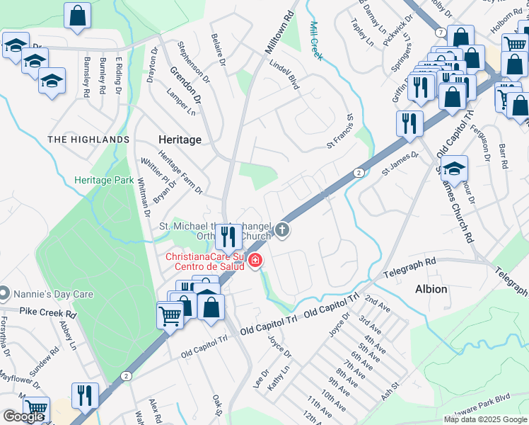 map of restaurants, bars, coffee shops, grocery stores, and more near 5141 West Woodmill Drive in Wilmington