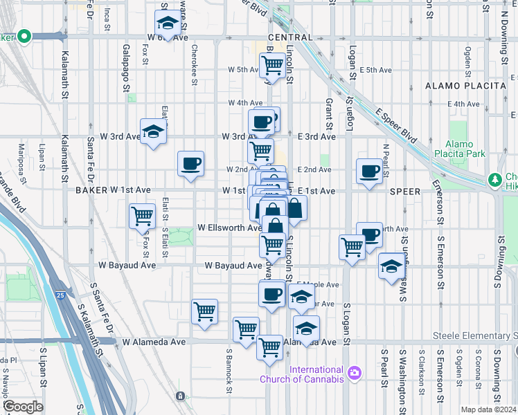 map of restaurants, bars, coffee shops, grocery stores, and more near in Denver