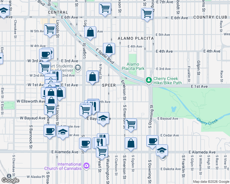map of restaurants, bars, coffee shops, grocery stores, and more near 65 North Clarkson street in Denver
