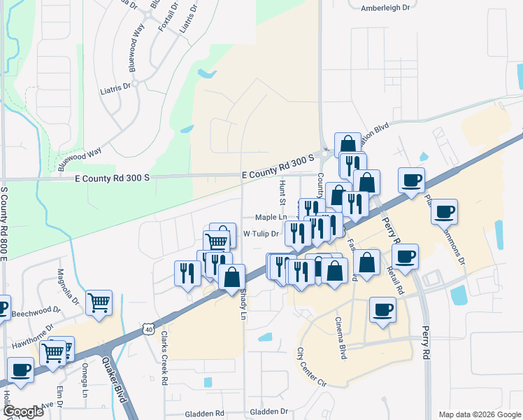 map of restaurants, bars, coffee shops, grocery stores, and more near 11422 Maple Lane in Plainfield