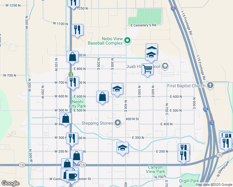 map of restaurants, bars, coffee shops, grocery stores, and more near 346 East 600 North in Nephi