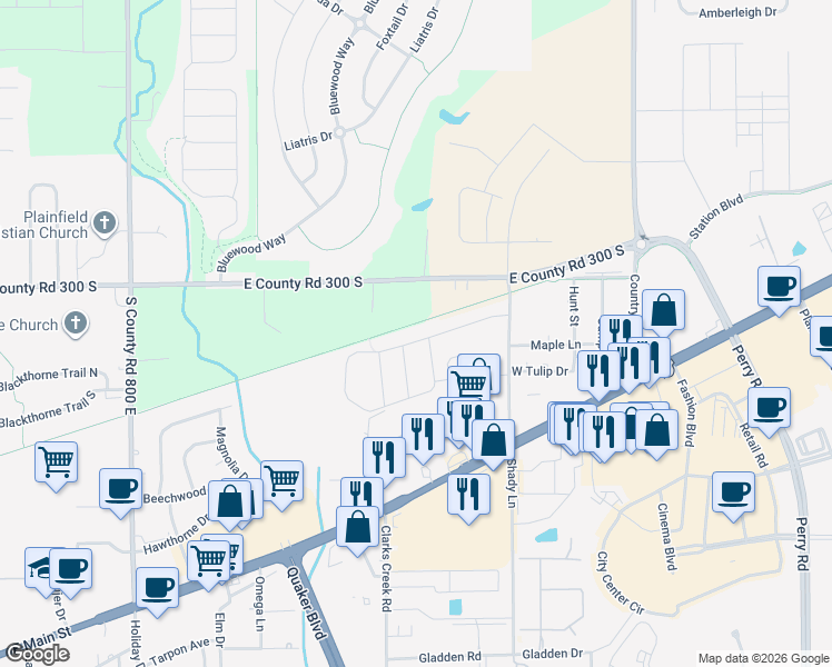 map of restaurants, bars, coffee shops, grocery stores, and more near 2363 Township Line Road in Plainfield