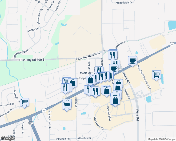map of restaurants, bars, coffee shops, grocery stores, and more near 11405 Maple Lane in Plainfield