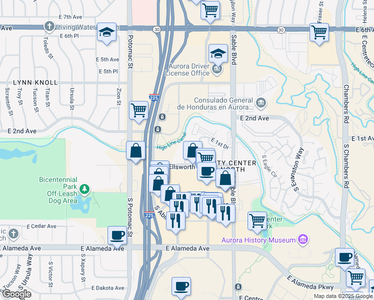 map of restaurants, bars, coffee shops, grocery stores, and more near 14211 East 1st Drive in Aurora