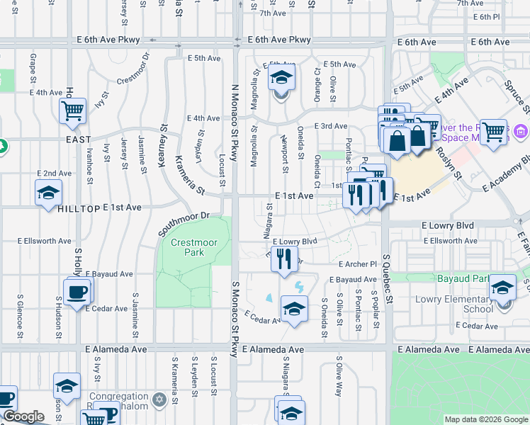map of restaurants, bars, coffee shops, grocery stores, and more near 58 Magnolia Way in Denver