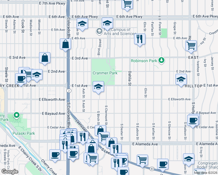 map of restaurants, bars, coffee shops, grocery stores, and more near 33 Cherry Street in Denver