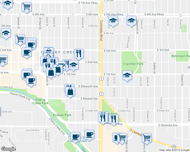 map of restaurants, bars, coffee shops, grocery stores, and more near in Denver