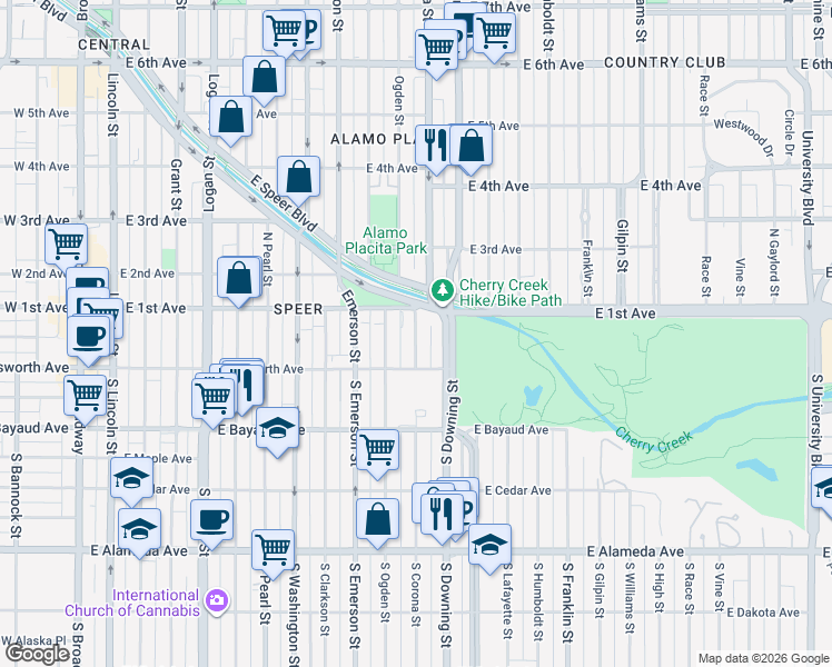 map of restaurants, bars, coffee shops, grocery stores, and more near 28 Corona Street in Denver