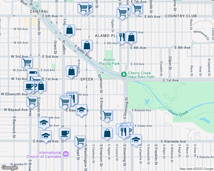 map of restaurants, bars, coffee shops, grocery stores, and more near 29 Ogden Street in Denver