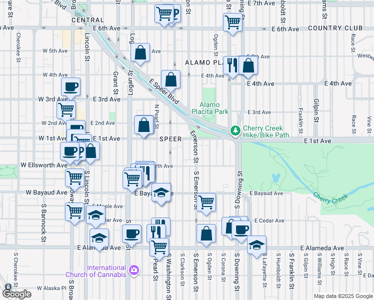 map of restaurants, bars, coffee shops, grocery stores, and more near 25 Emerson Street in Denver