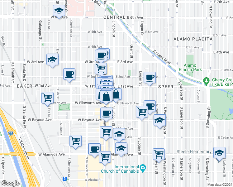 map of restaurants, bars, coffee shops, grocery stores, and more near in Denver