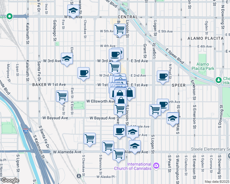 map of restaurants, bars, coffee shops, grocery stores, and more near in Denver