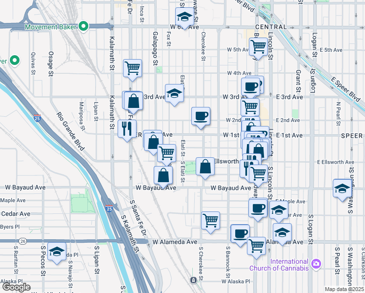 map of restaurants, bars, coffee shops, grocery stores, and more near 19 Elati Street in Denver