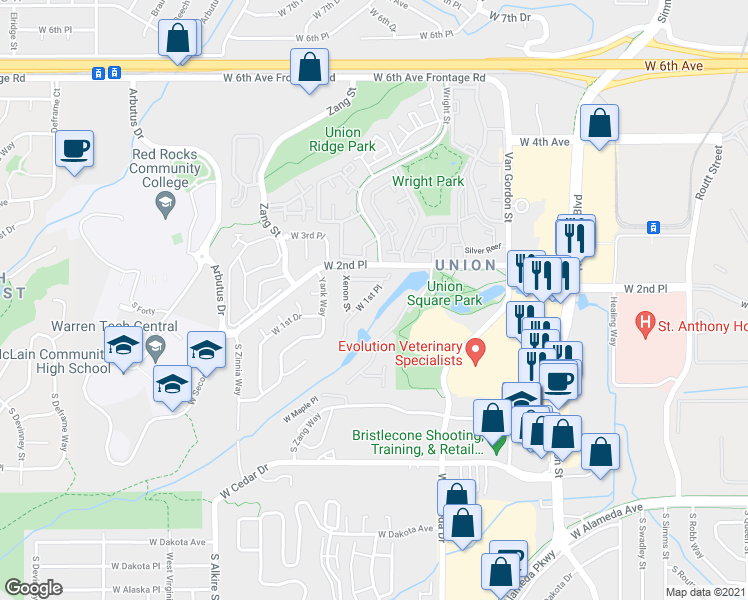 map of restaurants, bars, coffee shops, grocery stores, and more near 12584 West 1st Place in Lakewood