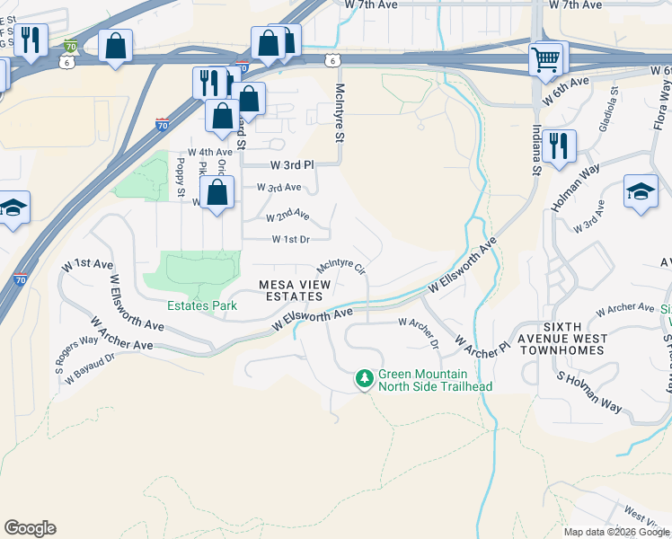 map of restaurants, bars, coffee shops, grocery stores, and more near 21 McIntyre Court in Golden