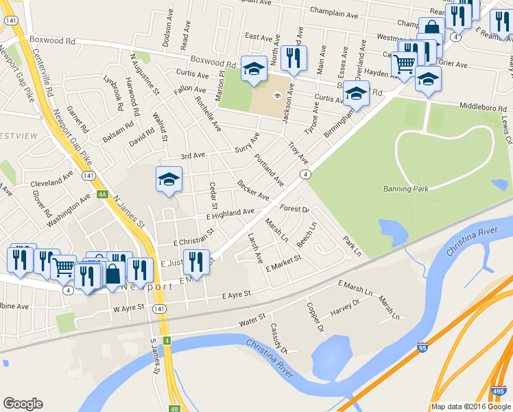 map of restaurants, bars, coffee shops, grocery stores, and more near 1503 East Newport Pike in Wilmington