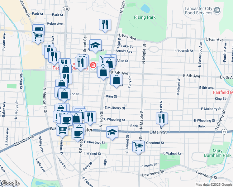 map of restaurants, bars, coffee shops, grocery stores, and more near 230 King Street in Lancaster