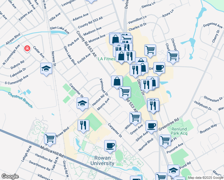 map of restaurants, bars, coffee shops, grocery stores, and more near 700 Fairmount Drive in Glassboro