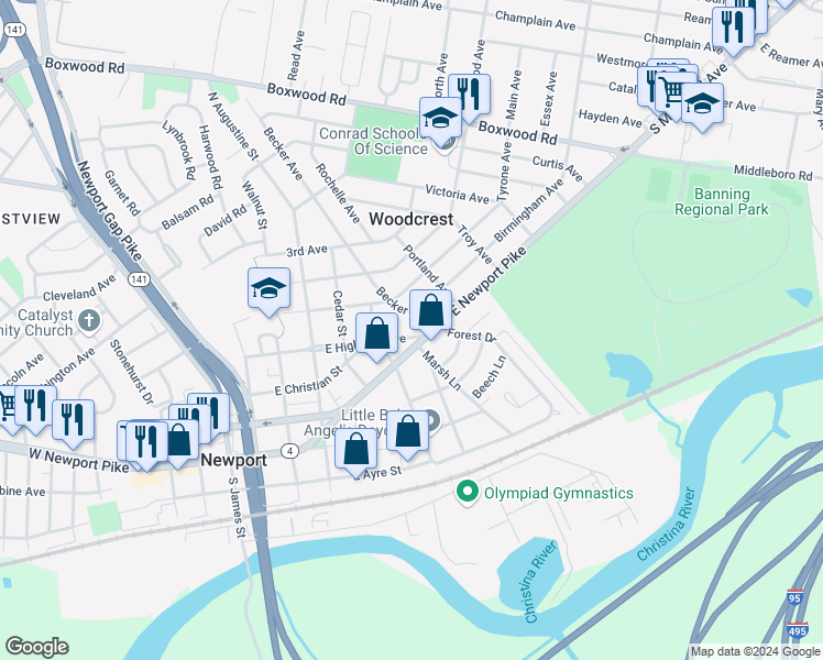 map of restaurants, bars, coffee shops, grocery stores, and more near 505 East Highland Avenue in Wilmington