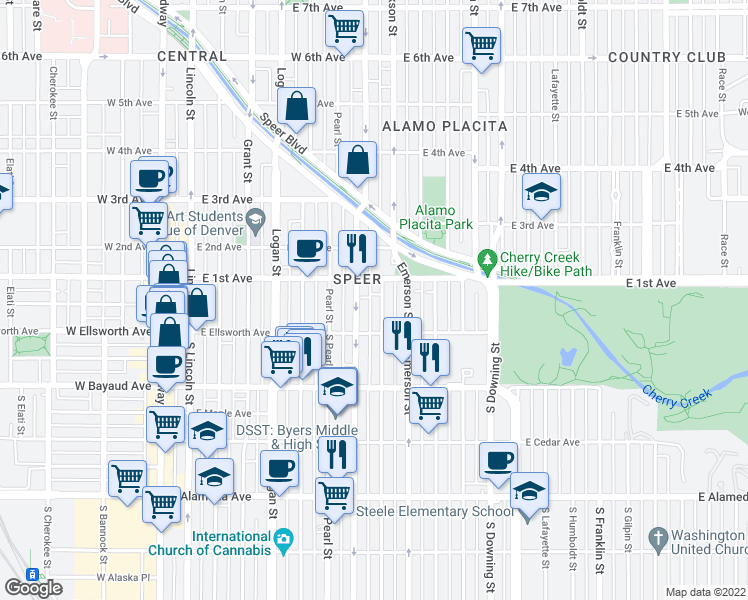 map of restaurants, bars, coffee shops, grocery stores, and more near 18 North Washington Street in Denver