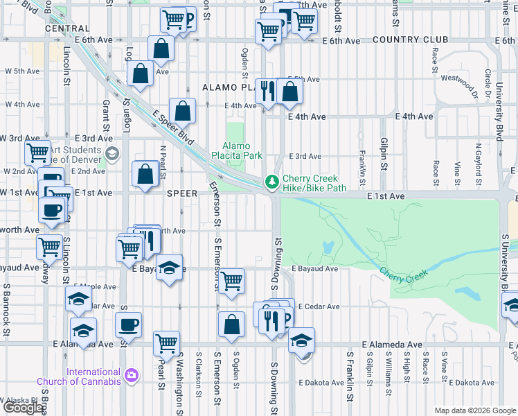 map of restaurants, bars, coffee shops, grocery stores, and more near 60 Corona Street in Denver