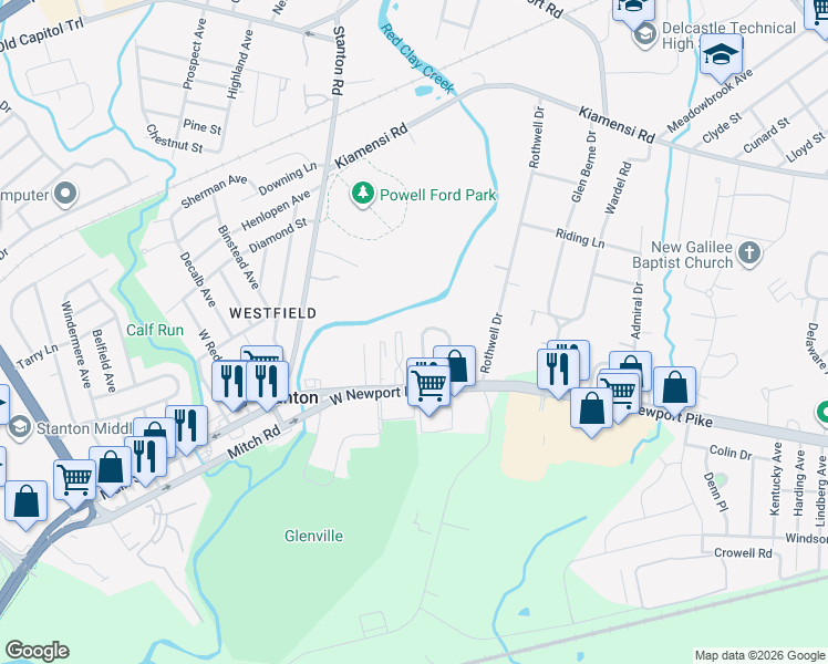 map of restaurants, bars, coffee shops, grocery stores, and more near 12 West Redmont Road in Wilmington