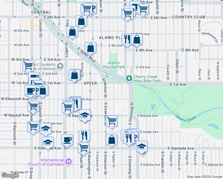 map of restaurants, bars, coffee shops, grocery stores, and more near 29 Ogden Street in Denver