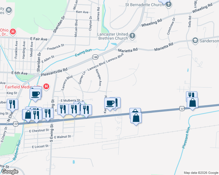 map of restaurants, bars, coffee shops, grocery stores, and more near 250 Kanawha Road in Lancaster