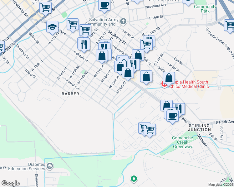 map of restaurants, bars, coffee shops, grocery stores, and more near 216 West 21st Street in Chico