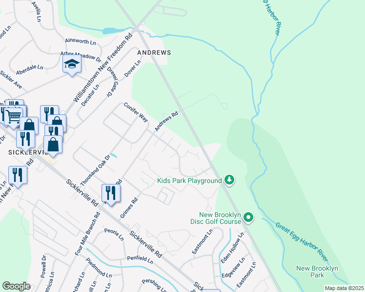 map of restaurants, bars, coffee shops, grocery stores, and more near 17 Lawrence Court in Sicklerville