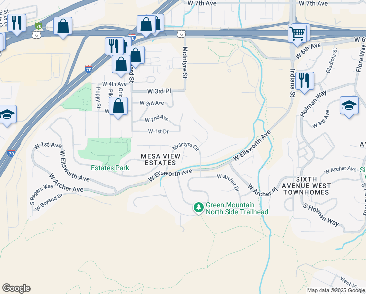 map of restaurants, bars, coffee shops, grocery stores, and more near 21 McIntyre Court in Golden