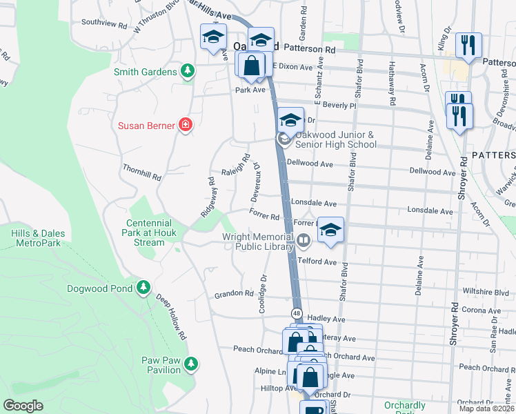 map of restaurants, bars, coffee shops, grocery stores, and more near 42 Forrer Road in Dayton