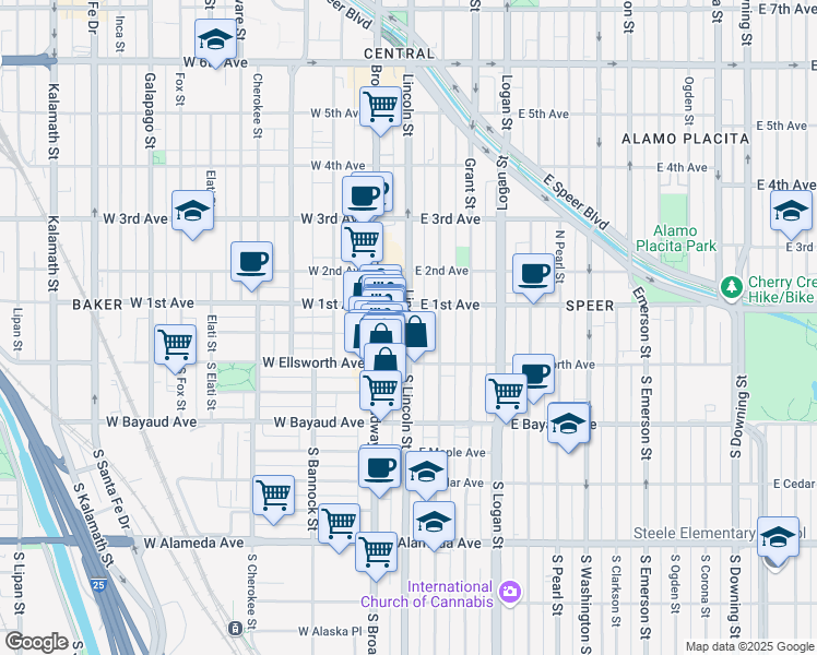 map of restaurants, bars, coffee shops, grocery stores, and more near 60 Lincoln Street in Denver