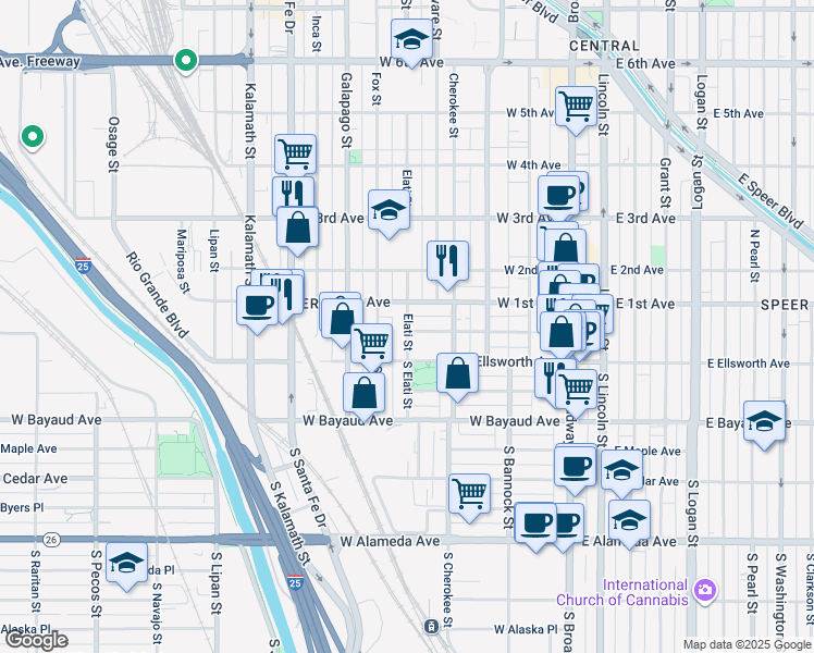 map of restaurants, bars, coffee shops, grocery stores, and more near 19 Elati Street in Denver